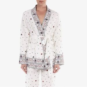 Badgley Mischka ivory white bon voyage polka dot kimono wrap cardigan boho top L